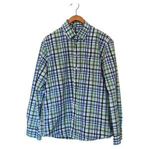 Neiman Marcus Check Plaid Blue Green White Long Sleeve Button Up Shirt Men's L